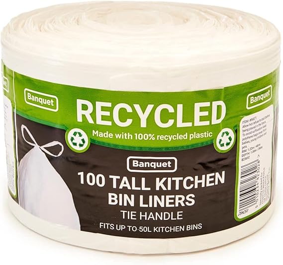 Banquet Recycled Tie Handle Tall Kitchen Bin Liners, 100 Bags by Kandy Collection