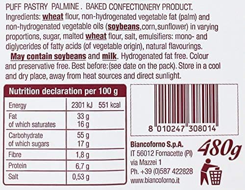 Biancoforno Puff Pastry Palmine Italian Tuscany Contain 34 Pastries Pack of 480g | Authentic Italian Palmine Puff Pastries | Sold by Essential Products
