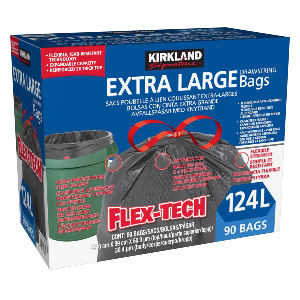 Kirkland Signature Flex-Tech Bin Bags – 124L, 90 Pack