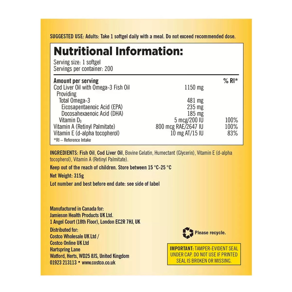 Kirkland Signature Cod Liver Oil + Omega-3 1150mg – 2 x 200 Capsules