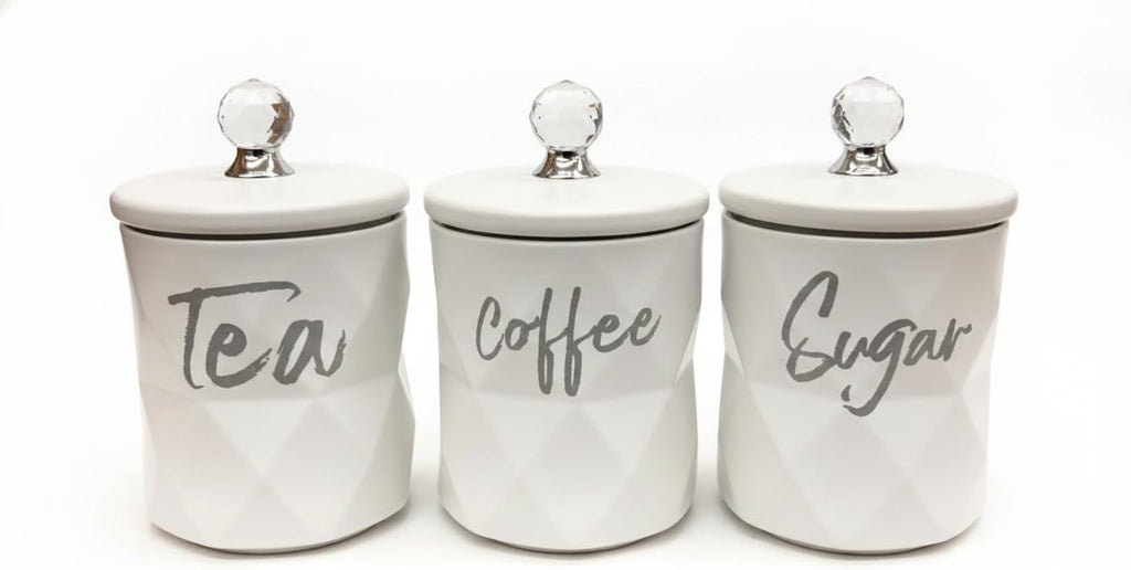 3-Piece Matte White Geometric Tea, Coffee & Sugar Canister Set with Crystal Knobs