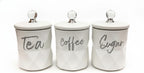 3-Piece Matte White Geometric Tea, Coffee & Sugar Canister Set with Crystal Knobs