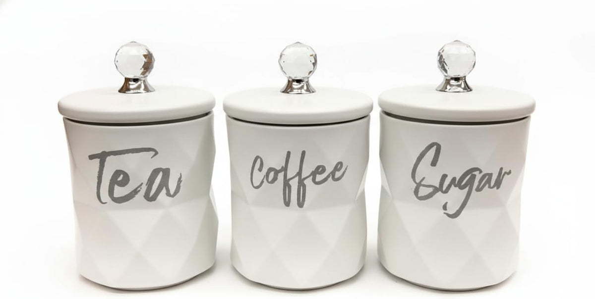 3-Piece Matte White Geometric Tea, Coffee & Sugar Canister Set with Crystal Knobs