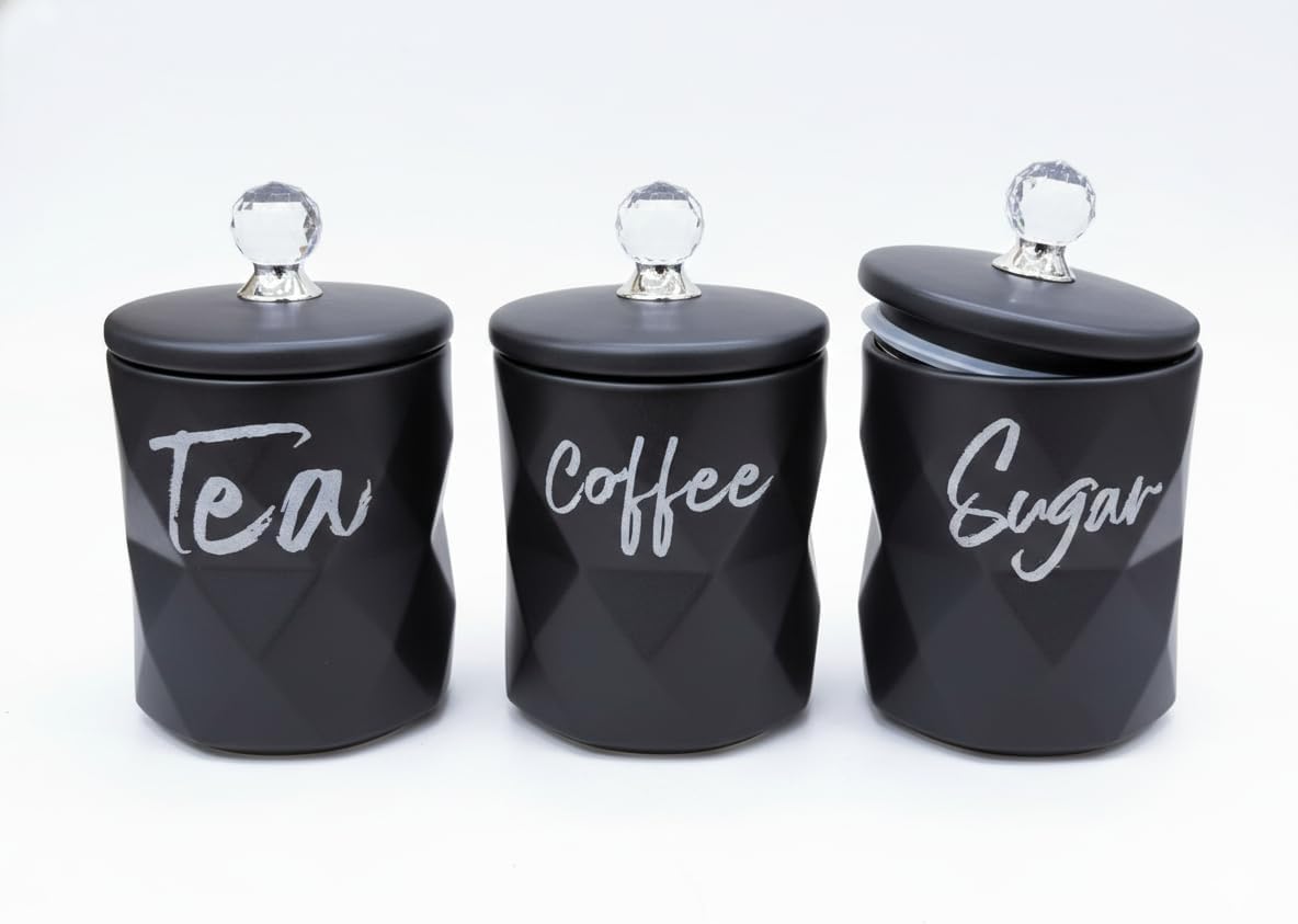 3-Piece Matte Black Geometric Tea, Coffee & Sugar Canister Set with Crystal Knobs