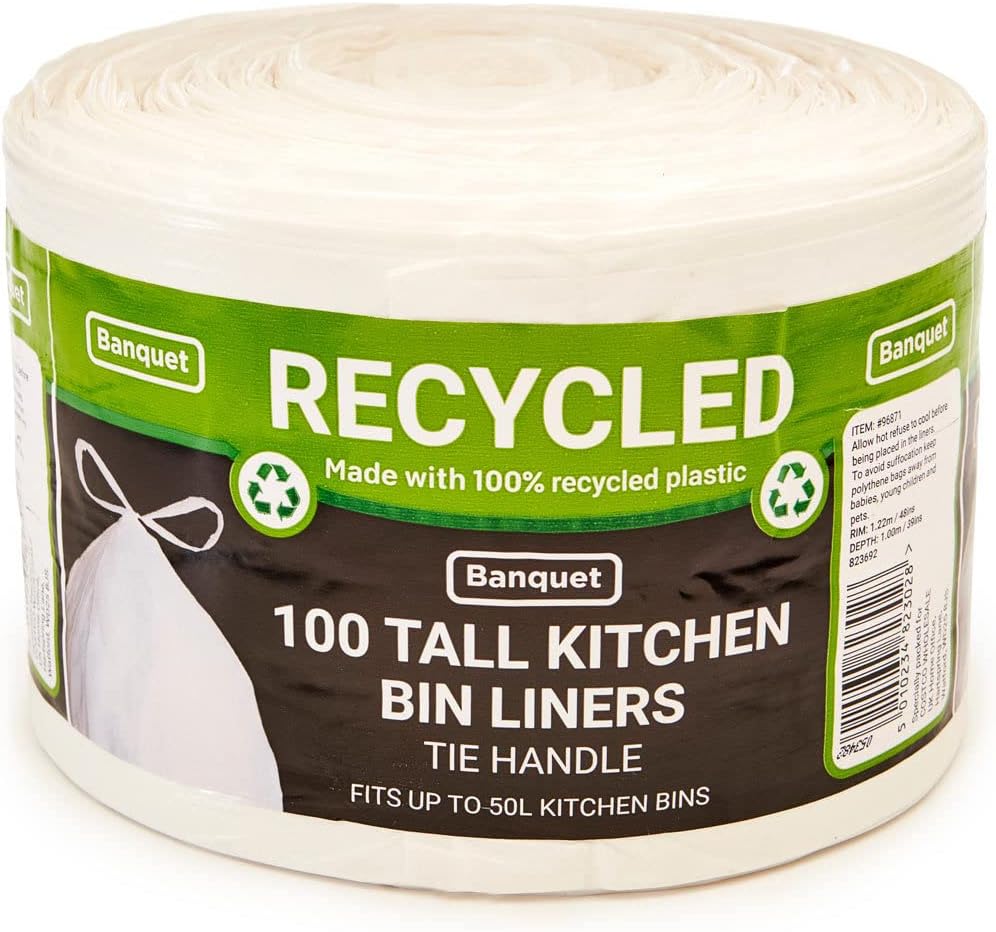Recycled 100 Tie Handle Tall Kitchen Bin Liners, white