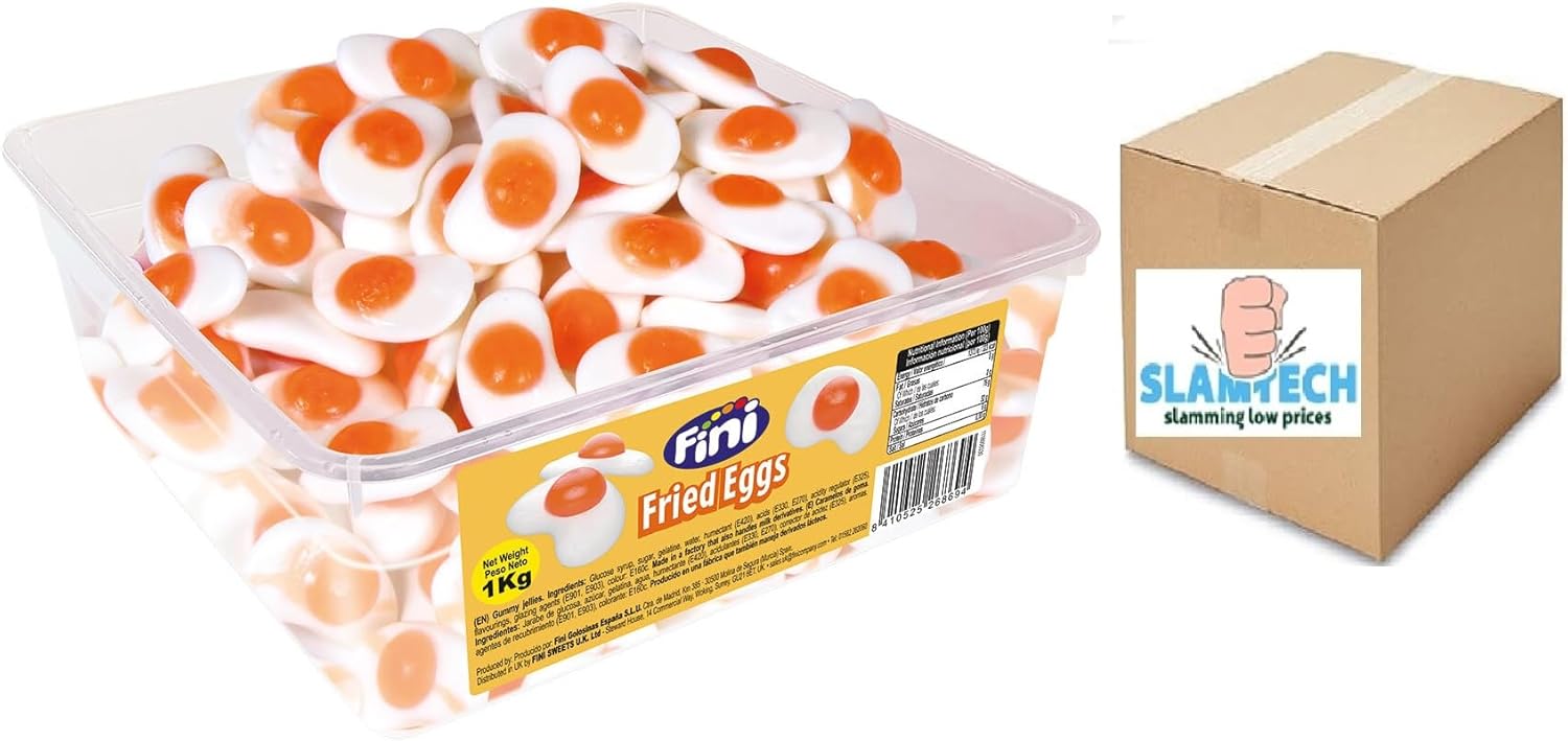 Fini Fried Eggs Sweets Tub, 1kg Tubs of Sweets, Kids Party Bag Candy Gummy Jellie Sweets Pack 1kg Boxed Slamtech