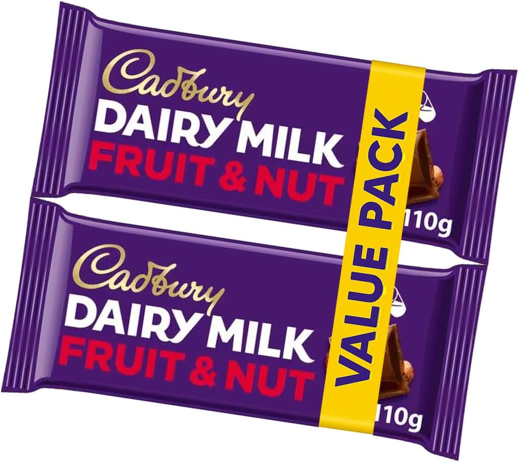 Cadbury Dairy Milk Fruit & Nut 220g - Creamy Milk Chocolate with Raisins & Almonds, Indulgent Snack Bar Duo, Sharing Pack, Great Dessert Option, Perfect Treat Idea for Gifting (2x110g)