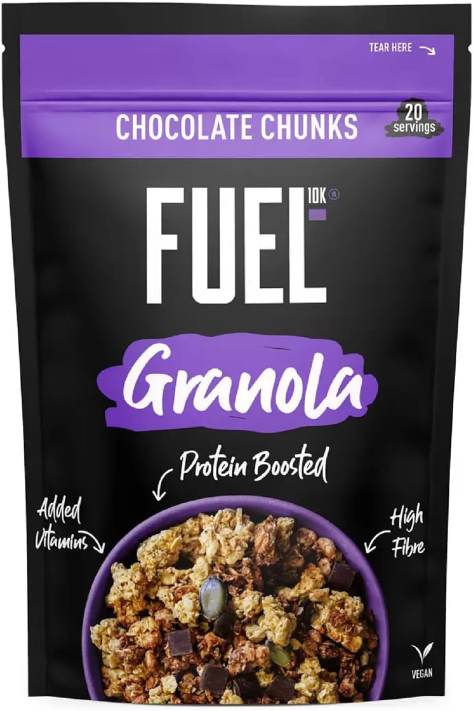 ESSENTIAL PRODUCTS FUEL10K Protein Boosted, Chunky Granola, Chocolate Loaded, Gram Box-High Fibre, Vitamin Boosted Vegan Cereal with Dark Pieces, Jumbo Oats & Pumpkin Seeds, 1KG Deal Pack Sold by EPL