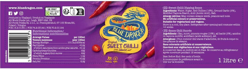 Blue Dragon Original Sweet Chilli Dipping Sauce - 1 Litre Pack of 2 Boxed Slamtech