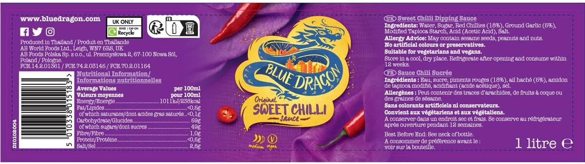 Blue Dragon Original Sweet Chilli Dipping Sauce - 1 Litre Pack of 2 Boxed Slamtech
