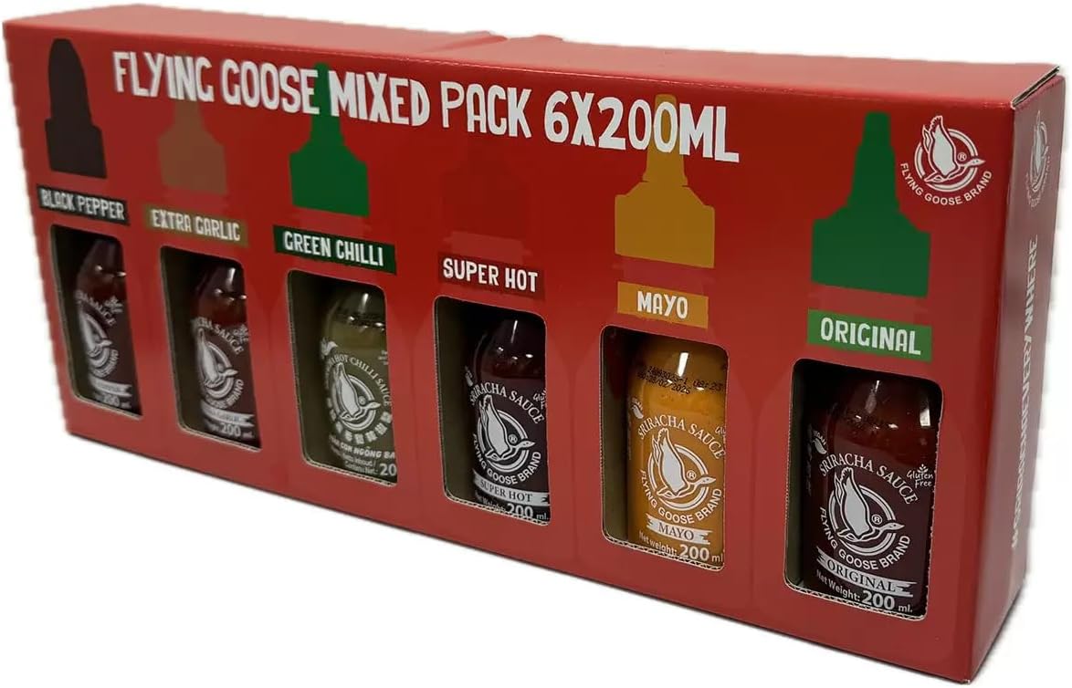 Flying Goose Mixed Pack Sriracha Sauce Set, 6 x 200ml, Black Pepper, Extra Garlic, Green Chilli, Super Hot, Mayo, Original