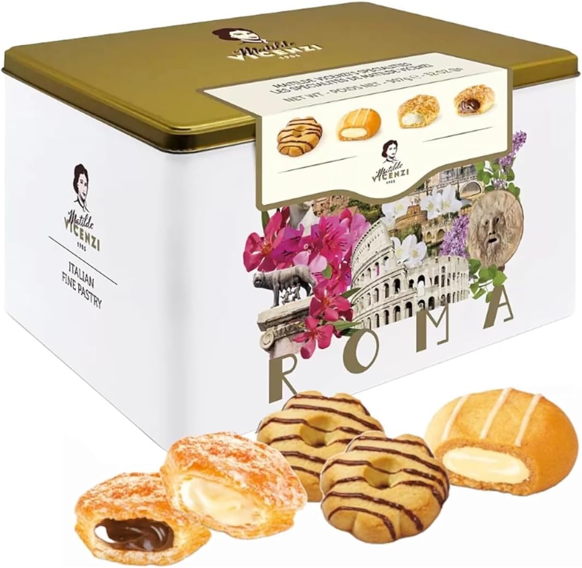 Pearls Trading Vicenzi Matilde ROMA Italian Biscuit Assortment, 907g Tin, Creme Pastries Biscuits Gift Tin Set