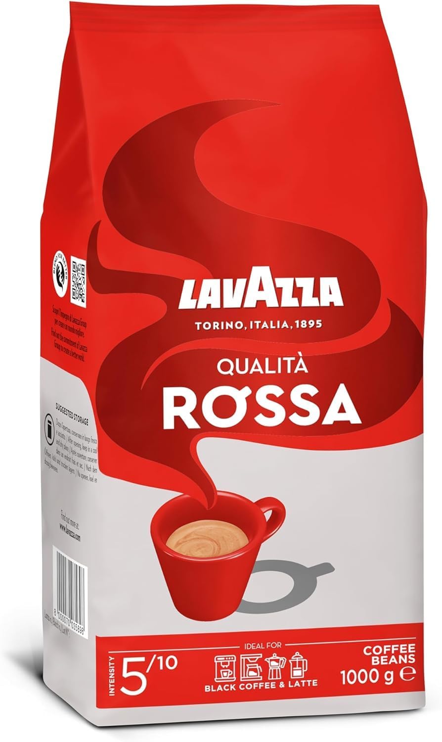 Lavazza, Qualità Rossa, Coffee Beans, Arabica and Robusta, Intensity 5/10, Medium Roasting, 1 Kg