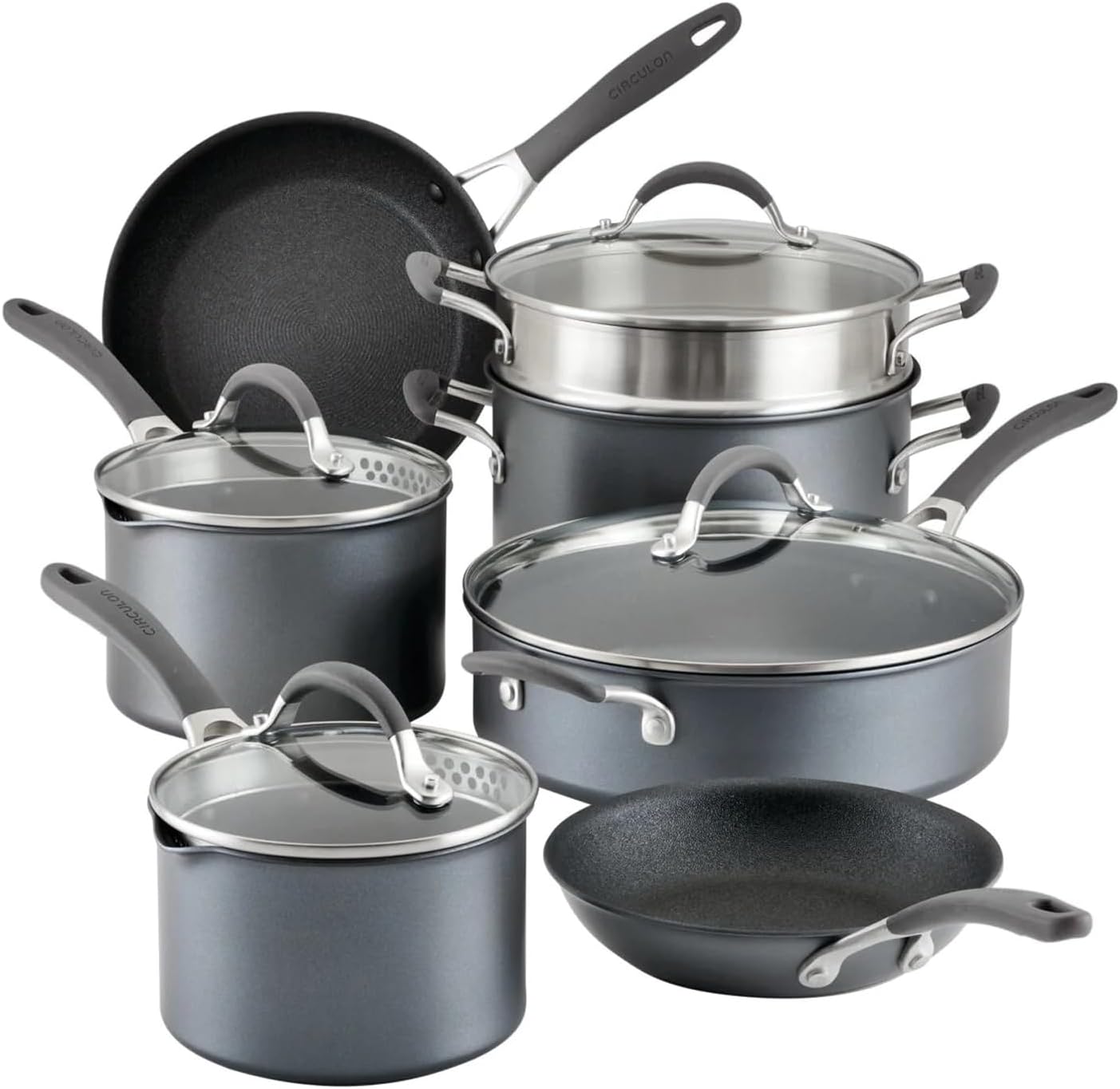 Circulon A1 Series with ScratchDefense 11 Piece Cookware Set Extreme Non Stick Cookware Set Dishwasher Safe with Saucepans, Fry Pans and Stockpot - Grey
