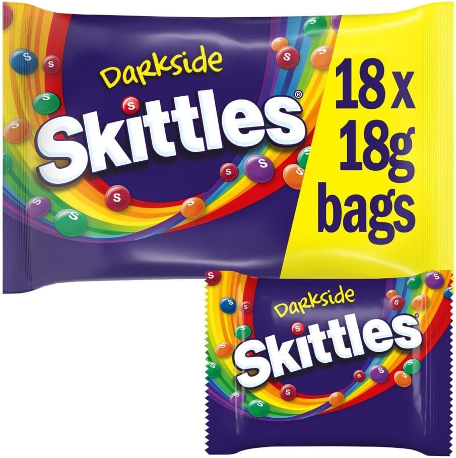 Skittles Darkside Fruity Sweets Party Pack, 18 Funsize Sweets Bags, Chocolate, Sweets Gift Box, Ideal for Gift, Snacks or Party Bags (324g)