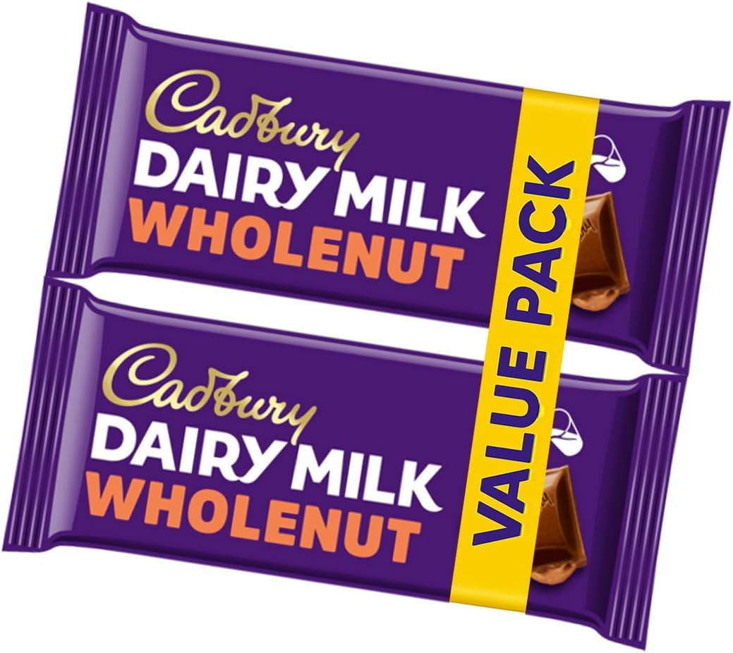 Cadbury Dairy Milk Wholenut Chocolate Bars 240g  Creamy Milk with Whole Hazelnuts, Sweet Snack with Nutty Texture, Ideal for Sharing (2x120g)