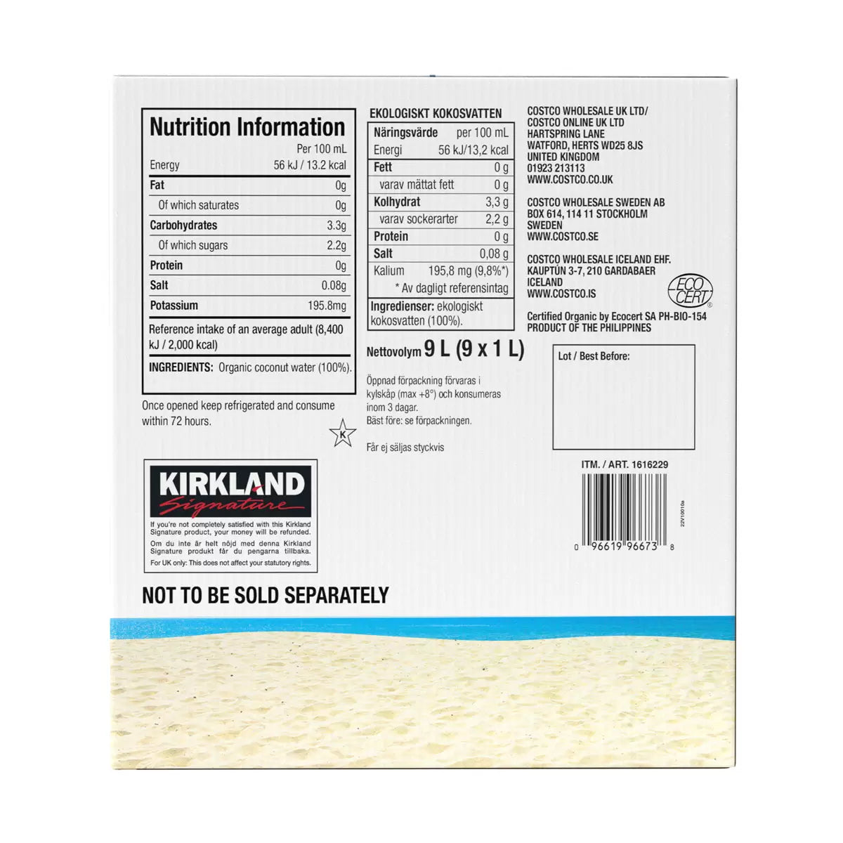 Kirkland Signature Organic Coconut Water – No Added Sugar, 9 x 1L