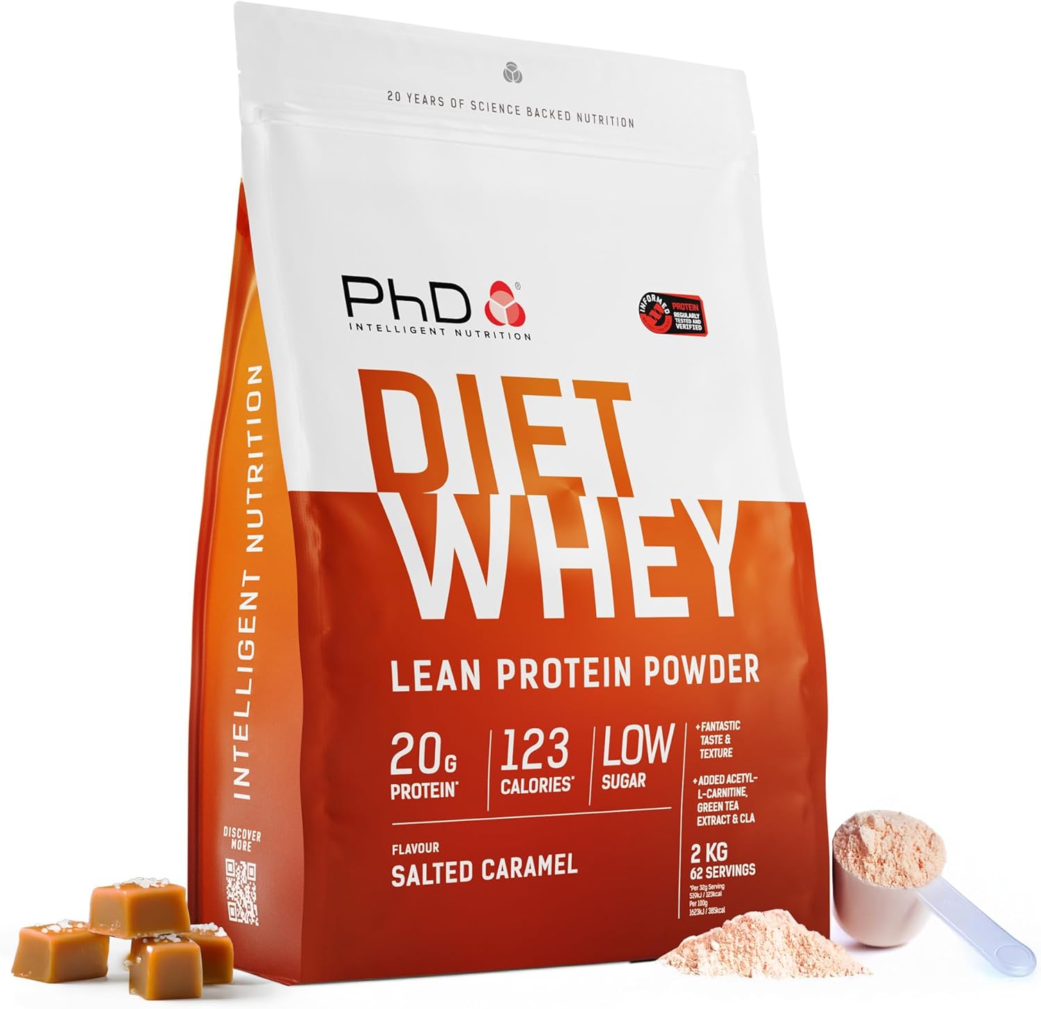 PhD Nutrition Diet Whey Low Calorie Protein Powder, Low Carb, High Protein Lean Matrix, Salted Caramel Diet Whey Protein Powder, High Protein, 62 Servings Per 2 kg Bag