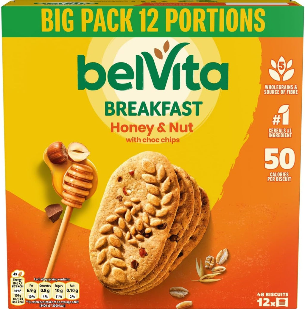 Belvita Breakfast Biscuits Honey & Nuts With Choc Chips, Nutritious Bars With Honey & Chocolate Chips, Multipack of 12 x 45 g Biscuits (Pack of 1)