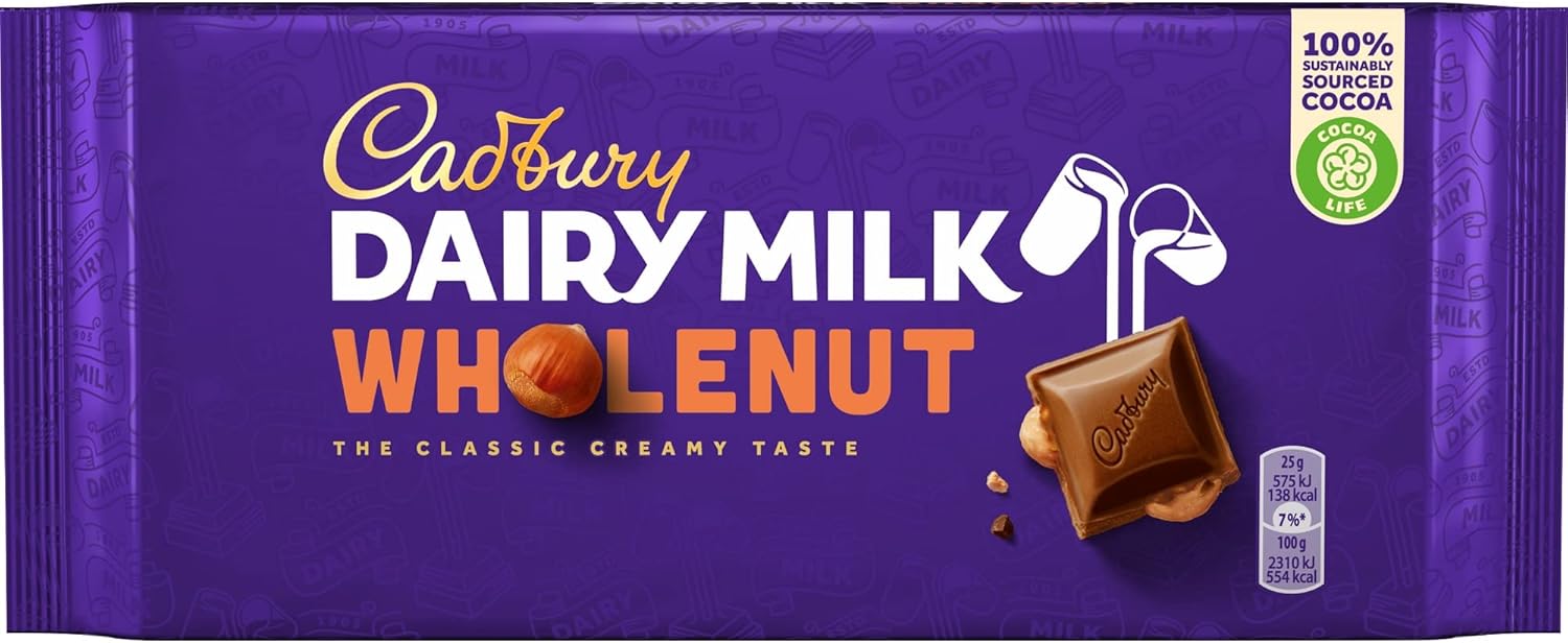 Cadbury Whole Nut Dairy Milk Chocolate - Creamy Milk Chocolate with Whole Hazelnut Chunks - Delicious Full-Bodied Candy - Whole Nut 180g