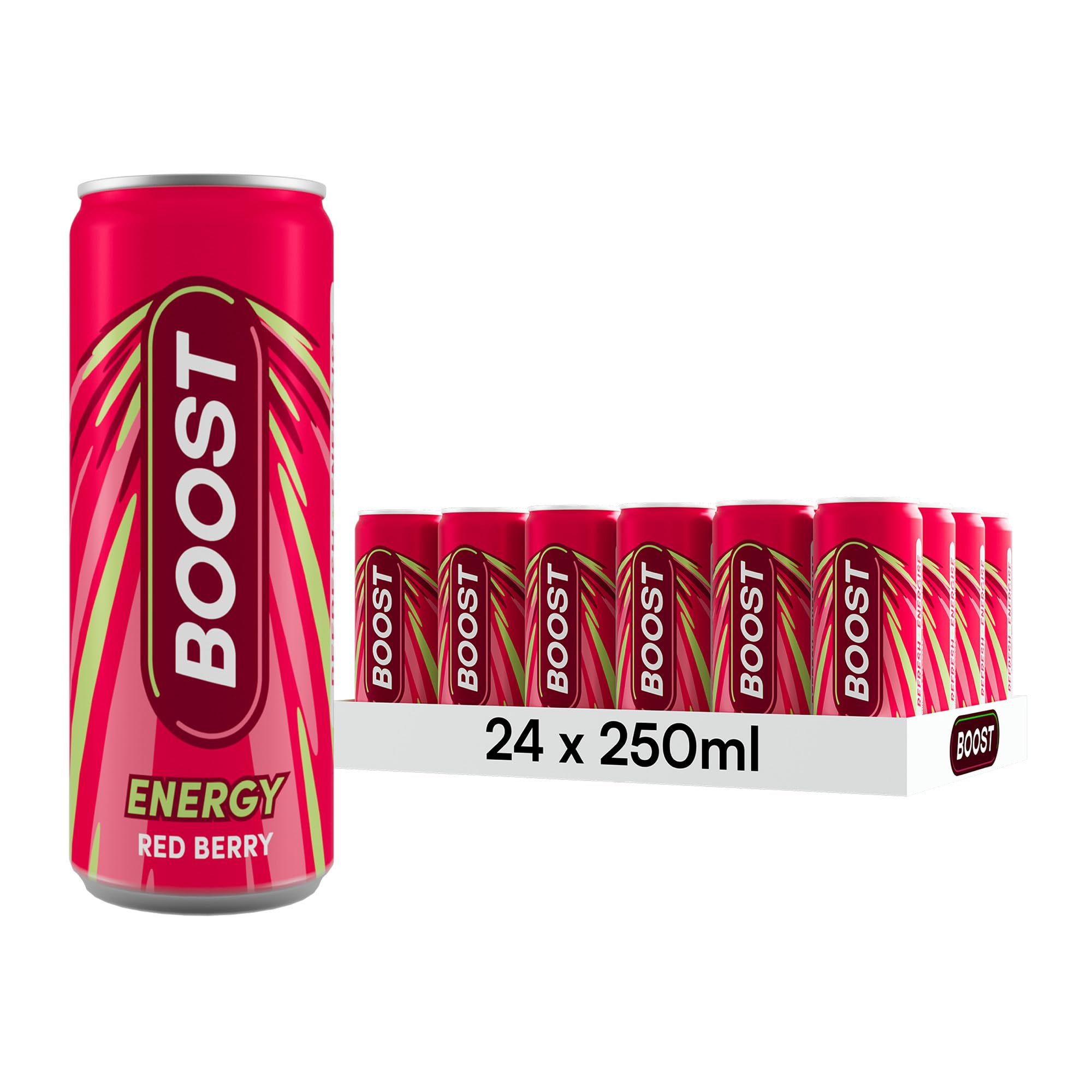 Boost Energy Drink Original Flavour - 24 Pack Drinks with Caffeine, Taurine and Vitamin B | Carbonated Energy Drinks | Gluten Free Vegan Low Calorie Fizzy Drinks Multipack | 24x250ml