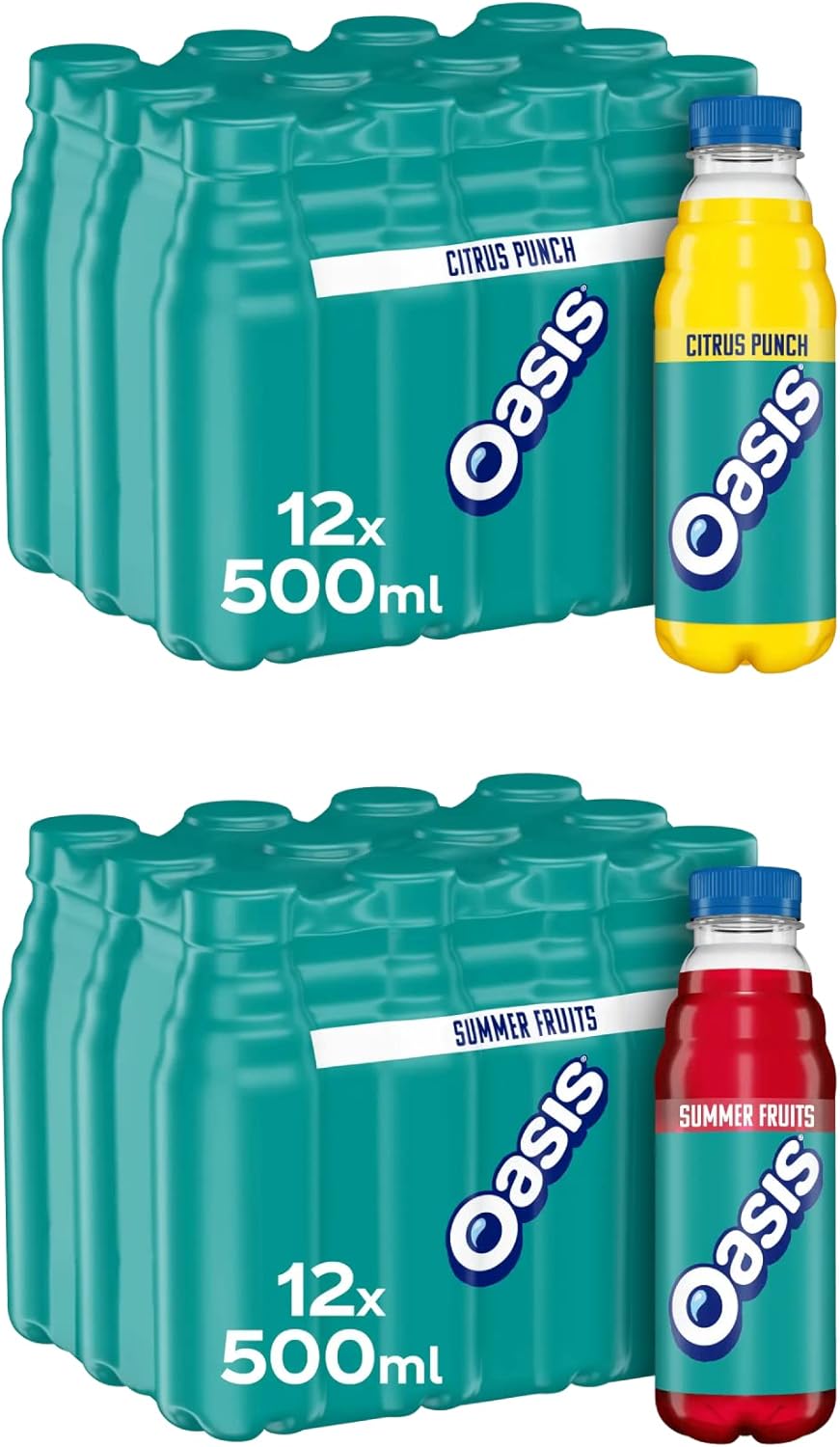 Oasis Variety Citrus Punch 500ml x 12 and Summer Fruits 500ml x 12. In total 24 bottles.