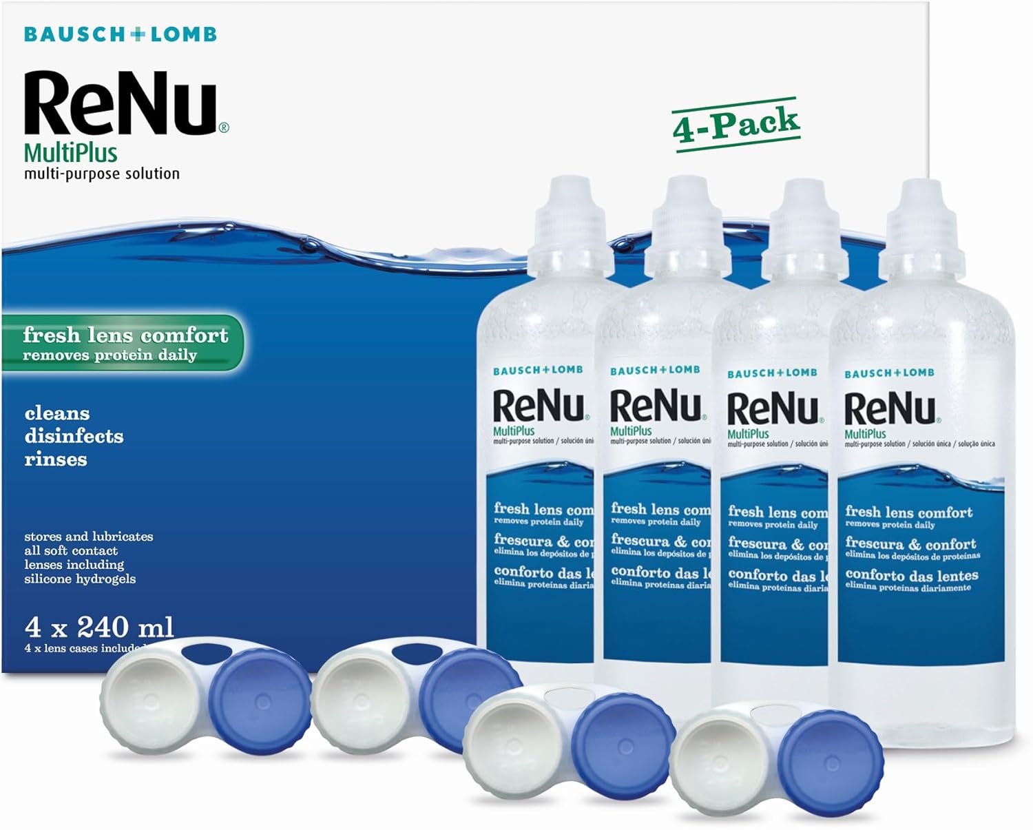 ReNu MultiPlus Multi-Purpose Contact Lens Solution, 4 x 240 ml for Soft Contact Lenses, Moisturise, Remove Protein, Clean, Disinfect, Lubricate, Rinse and Store Your Lenses, Lens Case Included