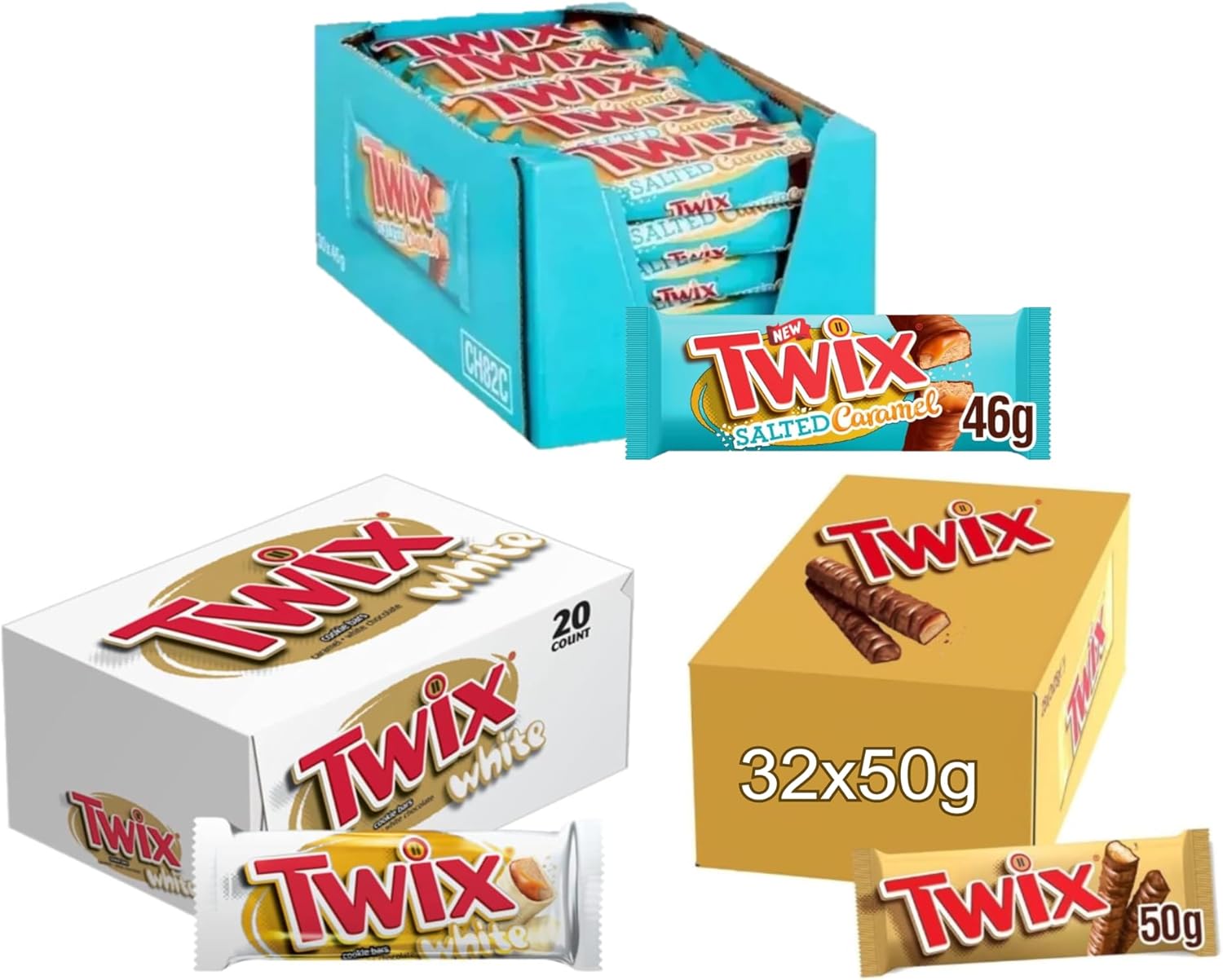 Twix Milk Chocolate Bars with Biscuit & Caramel, Bulk Chocolate, Standard Twin Twix 32x50g & White Twin 20x46g & Salted Caramel Twin 30x46g
