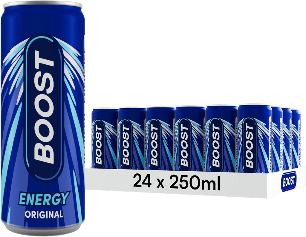 Boost Energy Drink Original Flavour - 24 Pack Drinks with Caffeine, Taurine and Vitamin B | Carbonated Energy Drinks | Gluten Free Vegan Low Calorie Fizzy Drinks Multipack | 24x250ml