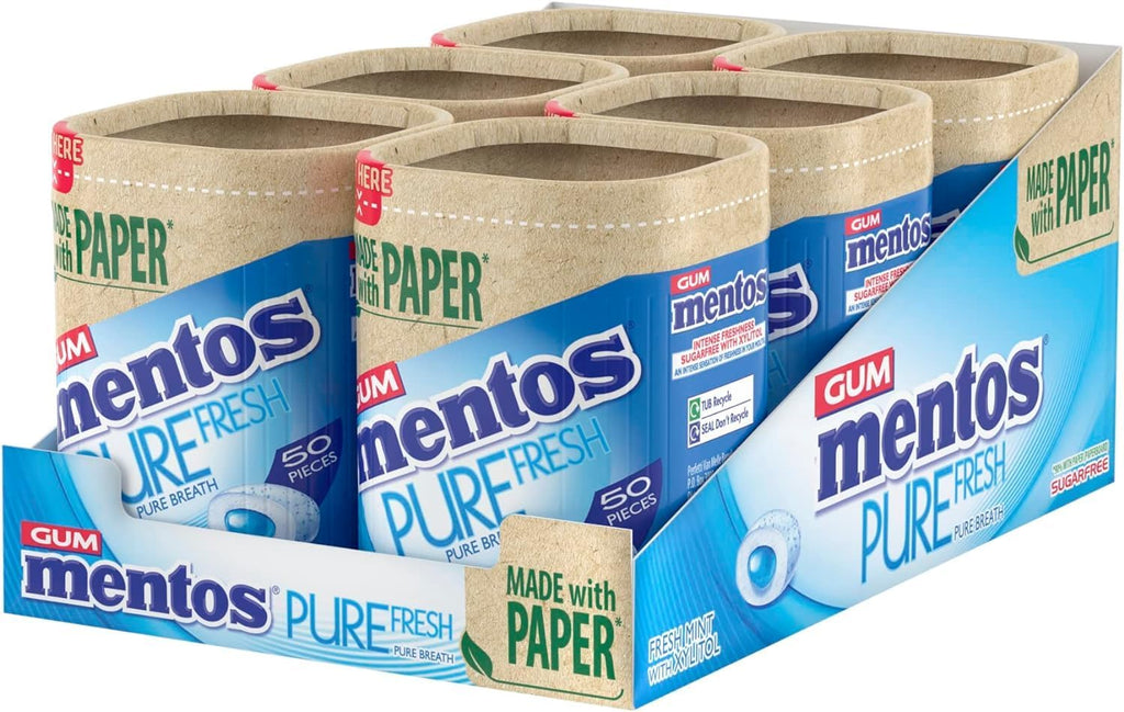 Mentos Pure Fresh Sugar-Free Chewing Gum  Freshmint, Xylitol, Vegetarian (6 x 50 Pieces)