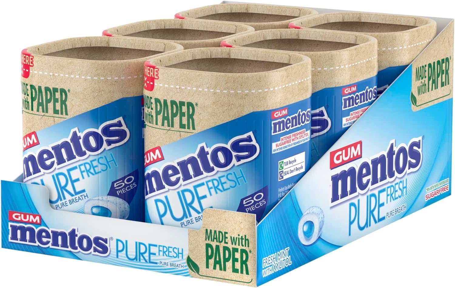 Mentos Pure Fresh Sugar-Free Chewing Gum  Freshmint, Xylitol, Vegetarian (6 x 50 Pieces)