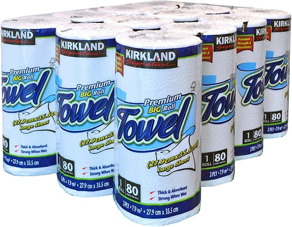 Kirkland Signature Roll Towel, 12 x 80 Sheet Pack, Fabric, White, 12