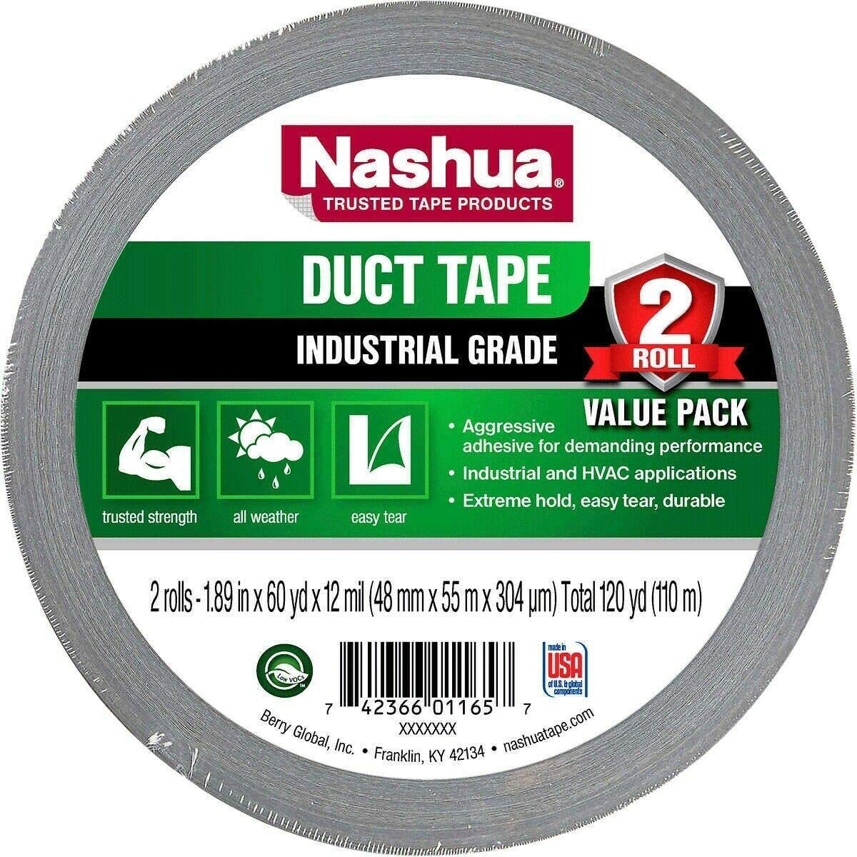 Nashua Industrial Grade Heavy Duty Silver Duct Tape | 2 Rolls | 1.89 inch x 60 Yard x 1.89 inch | 2 Rolls-120yd | Trusted Strength | Easy Tear | Sold by EPL