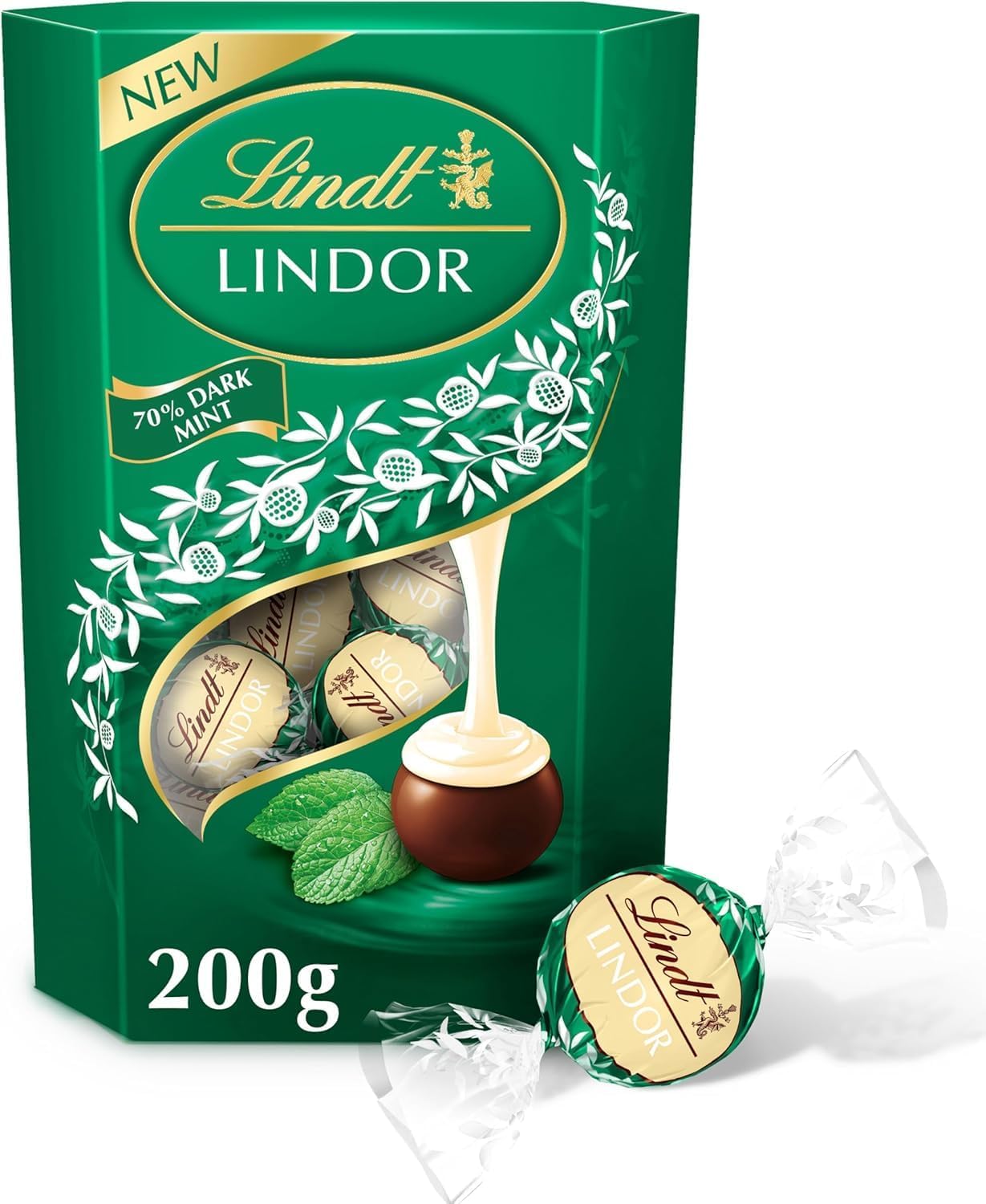 Lindt Lindor Dark Mint Chocolate Truffles 200g, 70% Cocoa dark chocolate truffles with a smooth melting mint filling