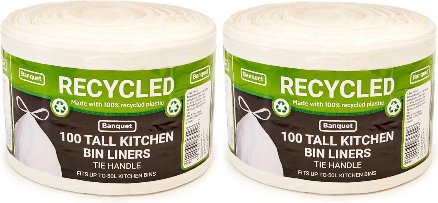 Banquet Recycled 100 Tie Handle Tall Kitchen Bin Liners, White (2 Pack - 200 Bags)