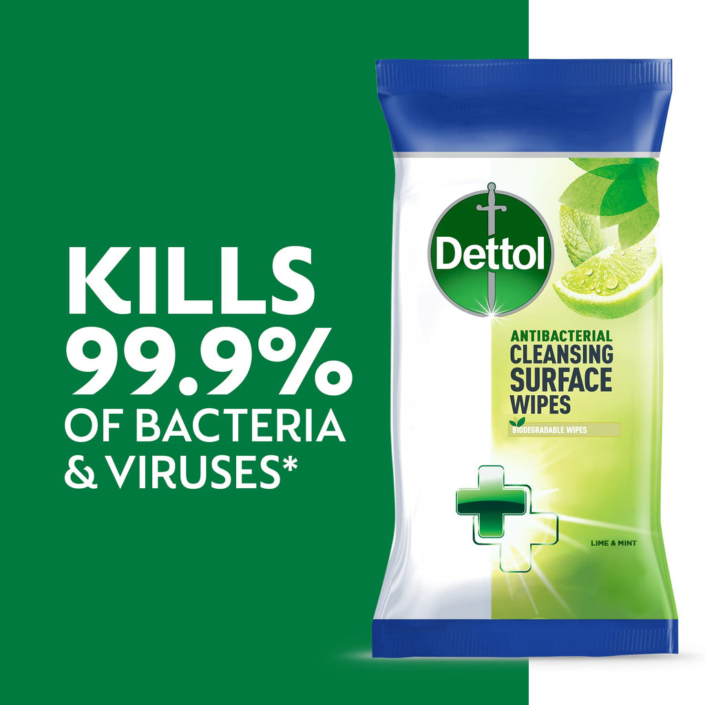 Dettol Antibacterial Biodegradable Disinfectant Wipes  Lime Mint, 6 x 126 Wipes (756 Total)