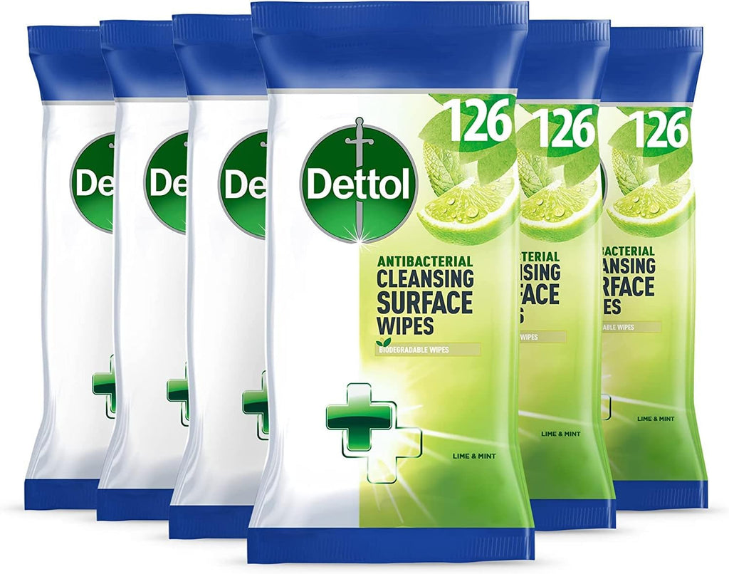 Dettol Antibacterial Biodegradable Disinfectant Wipes, Lime Mint Scent, 6 X 126 Multipack (Total 756), Effective Mould Mildew Remover, Ideal For Home Cleaning