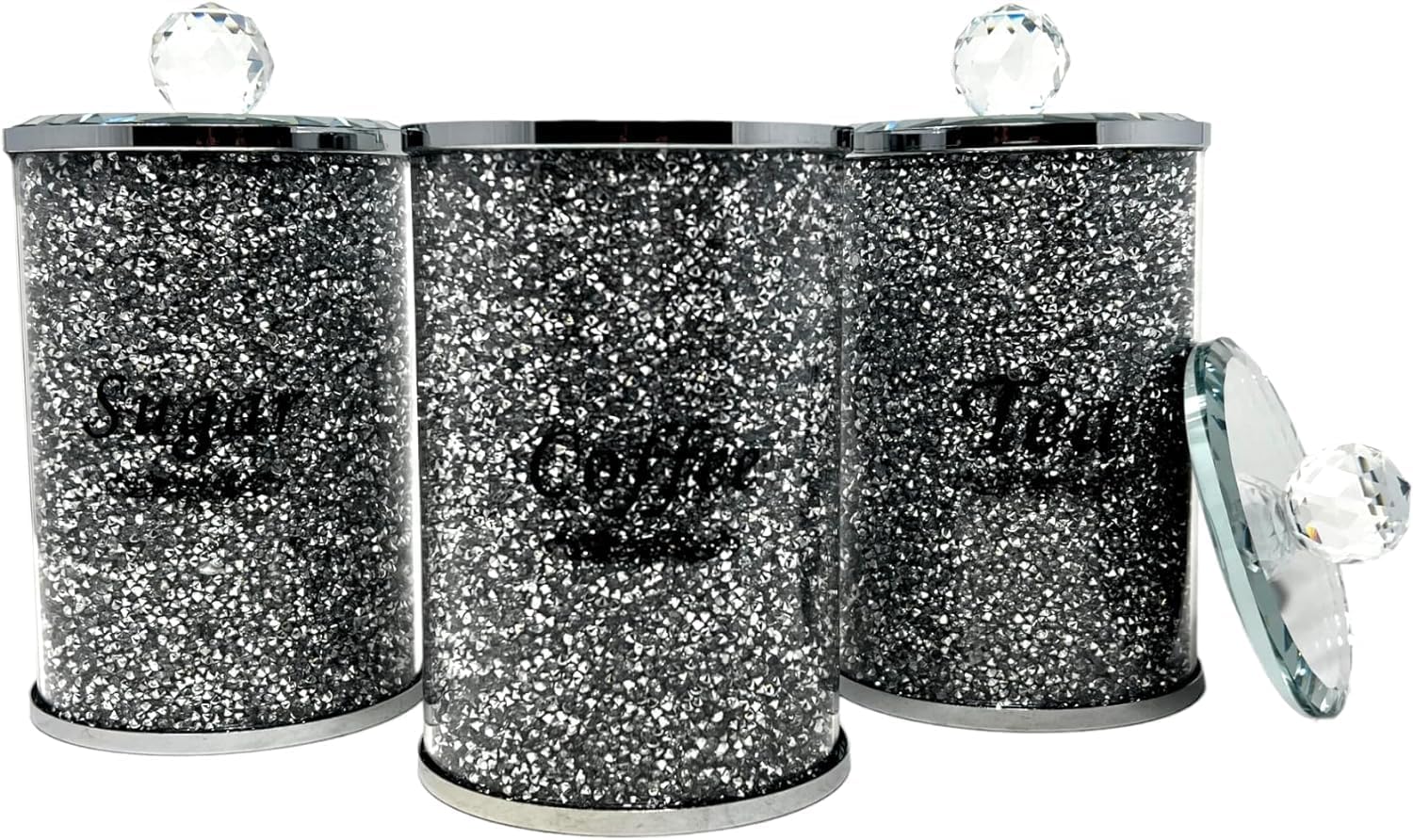 ESSENTIAL PRODUCTS Crystal Crushed Diamond Mirror Large Size BLACK & SILVER Colour Tea Coffee Sugar Canister JAR Storage Trimmings Diamond Crystal Filled