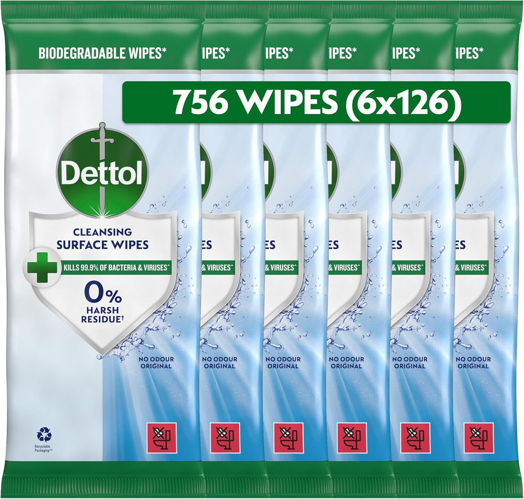 Dettol Antibacterial Cleansing Surface Wipes, Fragrance Free, 756 Wipes (126 x 6pck) Large Value, Disinfectant, Home Hygiene, Biodegradable, Kills 99.9 Percent of Germs