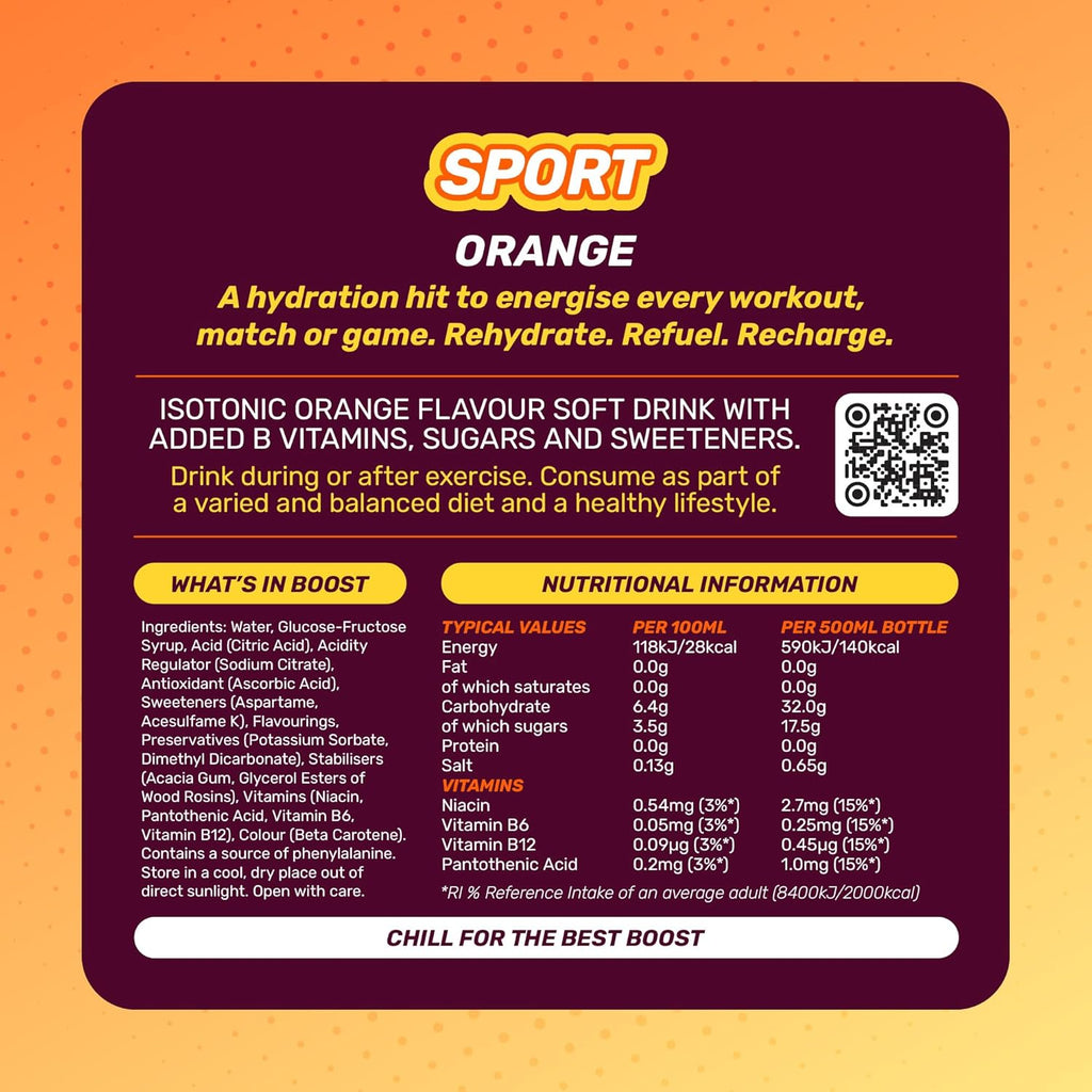 Boost Sports Drink Orange Flavour 12 Isotonic Drink with Vitamin B12 and B6 Electrolyte Drink Maximum Hydration Drinks Low Calorie Vegan Adult Soft Drinks Multipacks 12x500ml