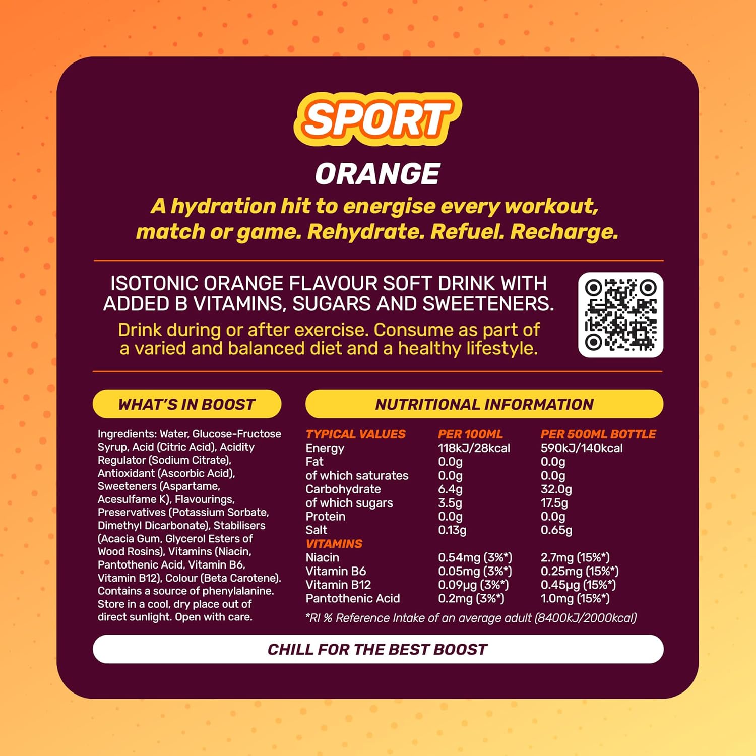 Boost Sports Drink Orange Flavour 12 Isotonic Drink with Vitamin B12 and B6 Electrolyte Drink Maximum Hydration Drinks Low Calorie Vegan Adult Soft Drinks Multipacks 12x500ml
