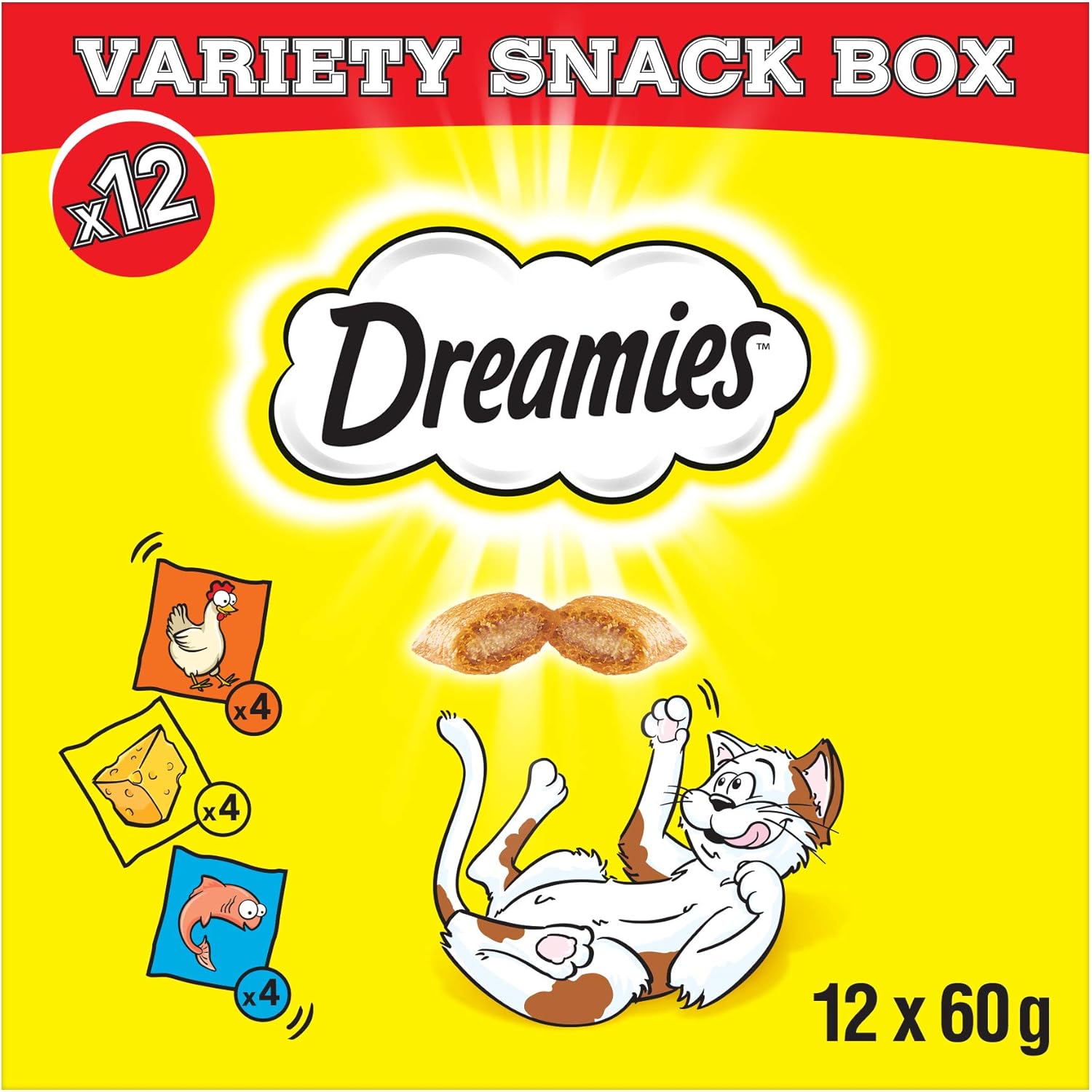 Dreamies Variety Snack Box with Chicken, Cheese & Salmon, 60 g (Pack of 12)
