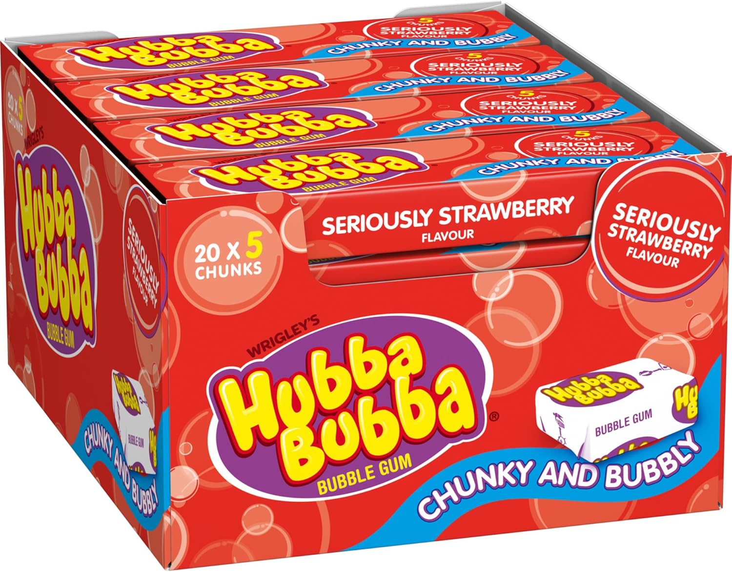 Hubba Bubba Chewing Gum, Seriously Strawberry, 20 Packs of 5 Pieces
