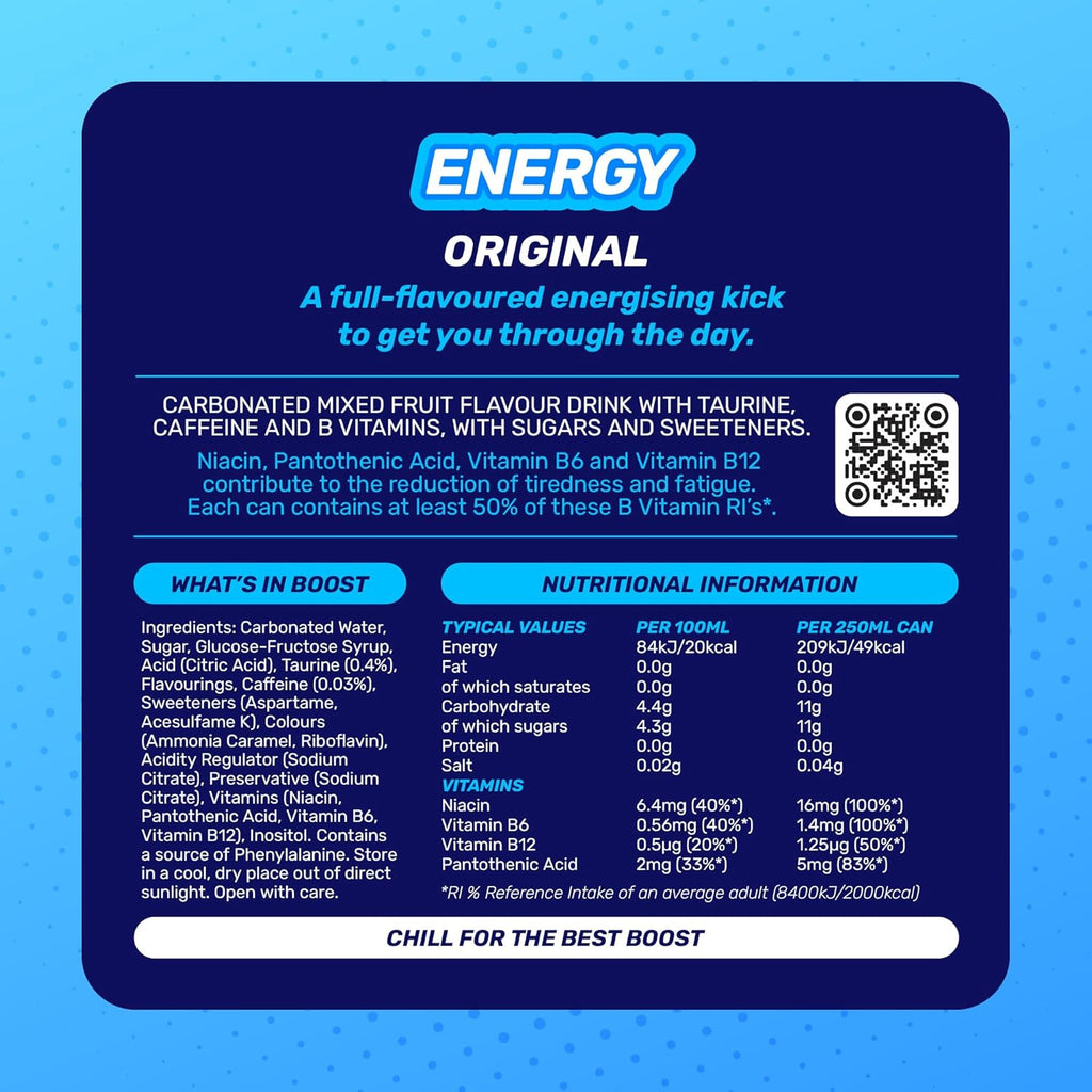 Boost Energy Drink Original Flavour - 24 Pack Drinks with Caffeine, Taurine and Vitamin B | Carbonated Energy Drinks | Gluten Free Vegan Low Calorie Fizzy Drinks Multipack | 24x250ml