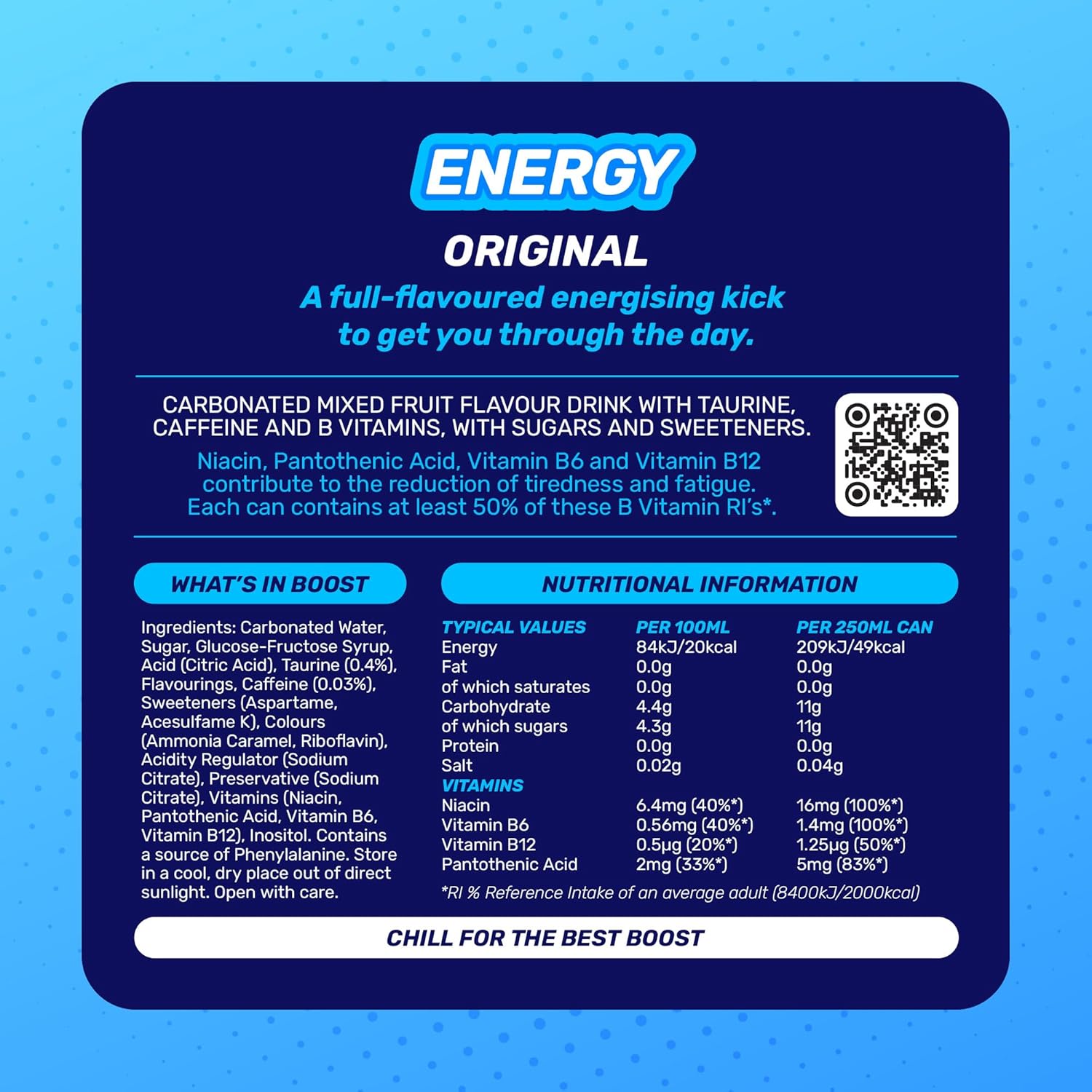 Boost Energy Drink Original Flavour - 24 Pack Drinks with Caffeine, Taurine and Vitamin B | Carbonated Energy Drinks | Gluten Free Vegan Low Calorie Fizzy Drinks Multipack | 24x250ml
