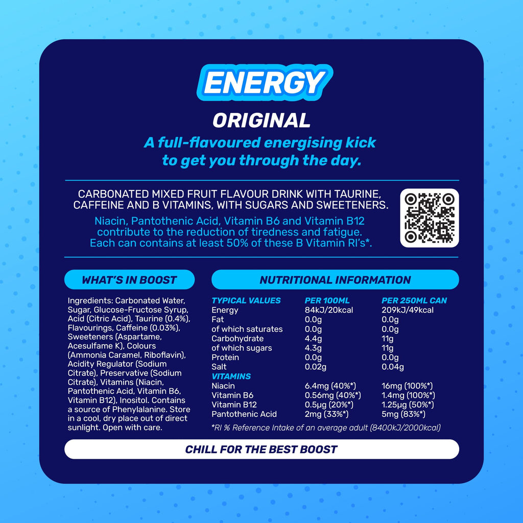 Boost Energy Drink Original Flavour - 24 Pack Drinks with Caffeine, Taurine and Vitamin B | Carbonated Energy Drinks | Gluten Free Vegan Low Calorie Fizzy Drinks Multipack | 24x250ml