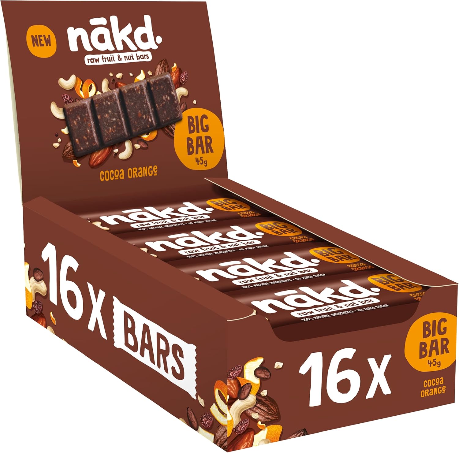 Nakd Cocoa Orange Big Bar 45g  16 Pack, Vegan & Gluten-Free