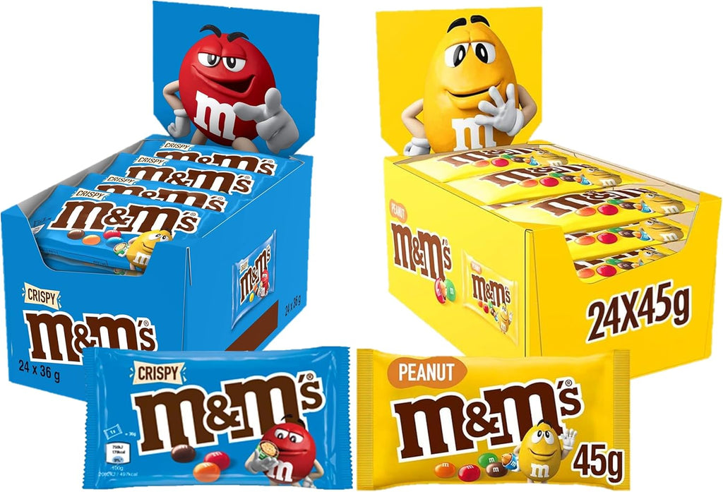 M&Ms Crispy & Peanut Bulk Box, Milk Chocolate Gifts & Movie Night Snacks, 24x36g Crispy, 24x45g Peanut (48 bags in total)