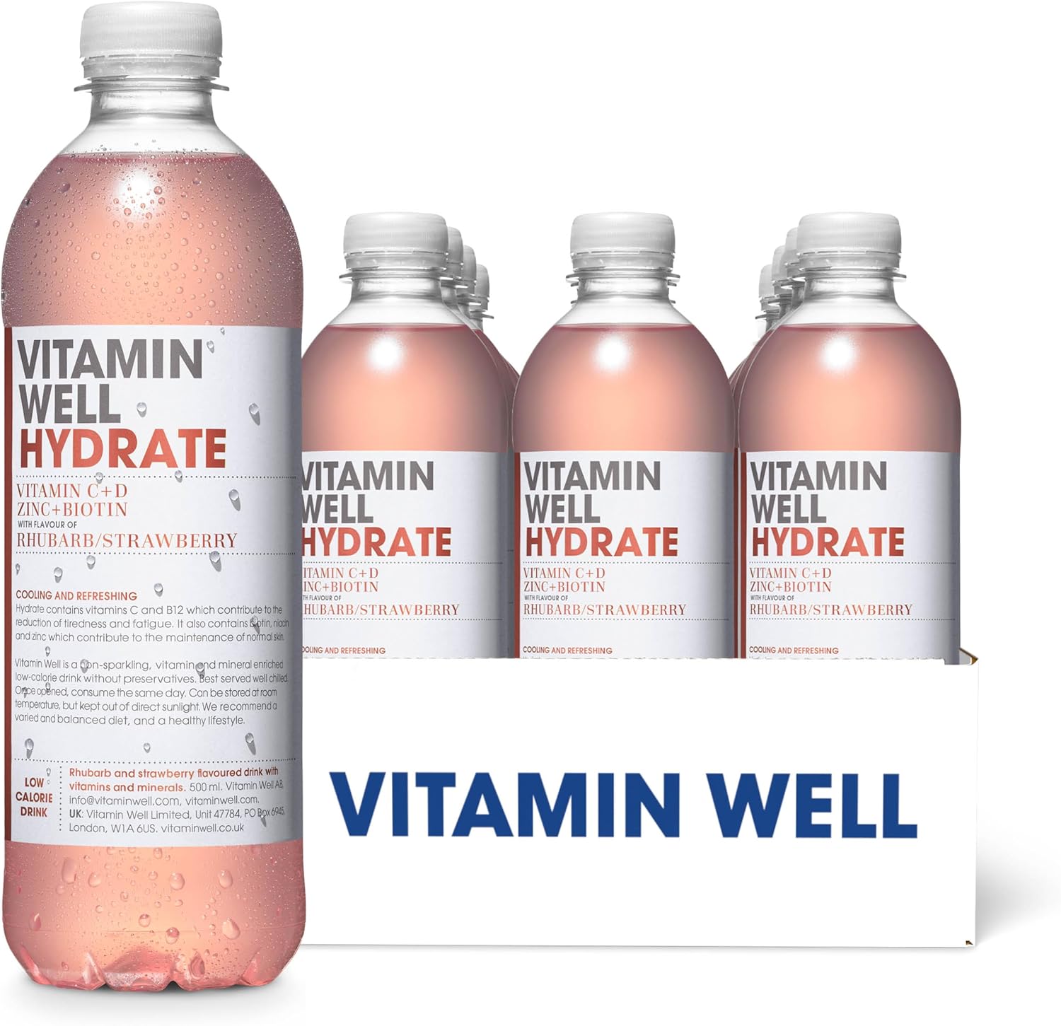 Vitamin Well Rhubarb & Strawberry Flavouredwater Packed with Vitamin C, D, Zinc, Biotin, Low Calorie  12 x 500ml (HYDRATE)