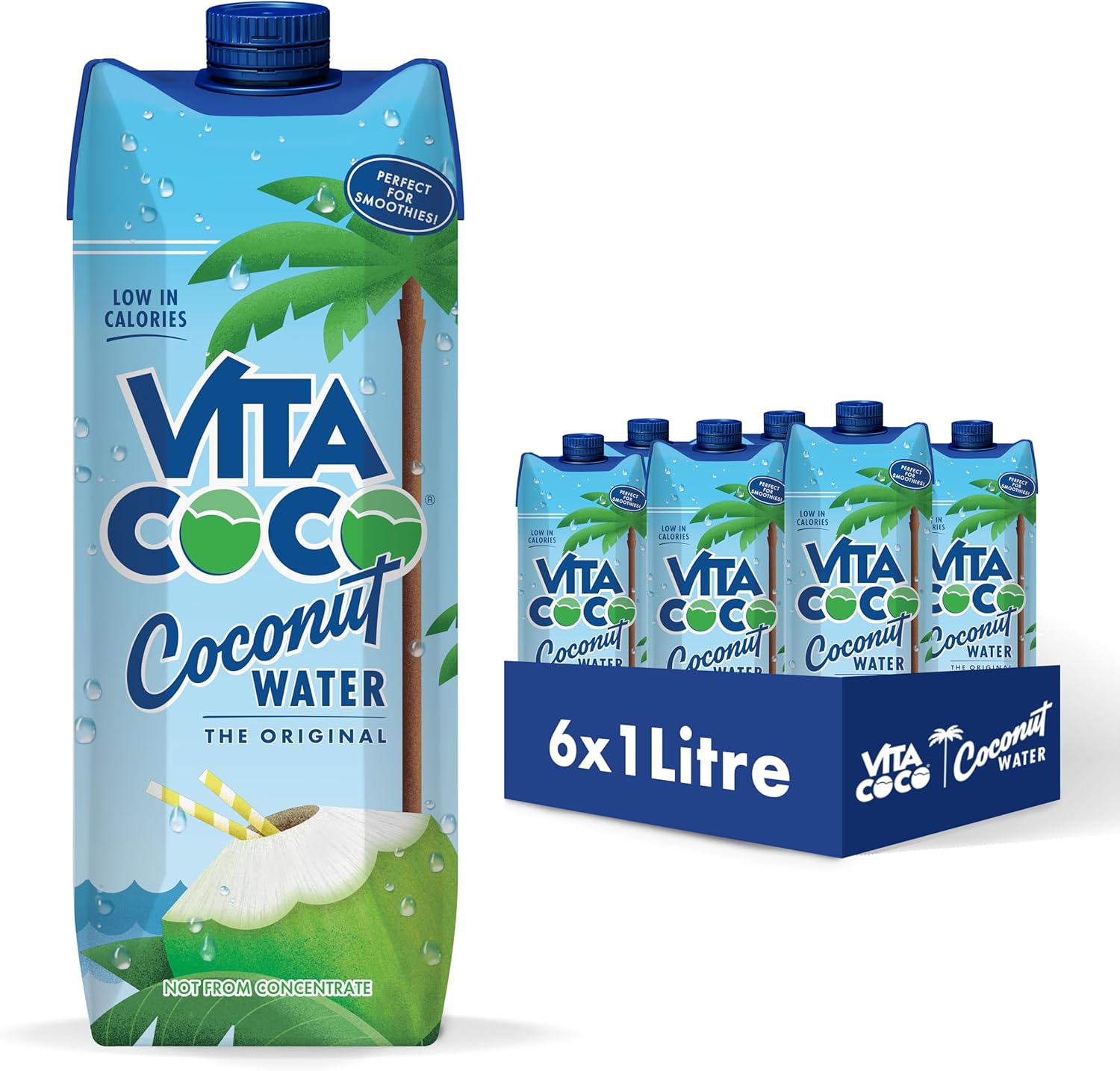 Vita Coco Original Coconut Water Multipack 1L x 6, Packed With Electrolytes, Gluten Free, Full Of Vitamin C, Good Source Of Potassium, Low-Calorie Electrolyte Drink, Thirst Quenching Refreshment